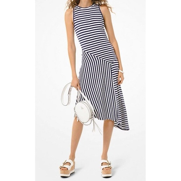 Michael Kors Asymmetric Dress Womens Small Navy White Striped Nautical Sailor - Picture 1 of 11